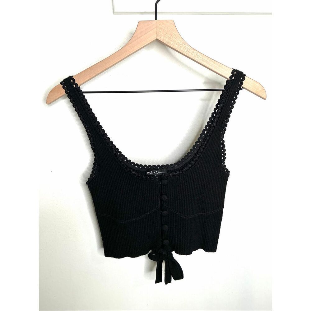 For Love & Lemons Ribbed Pointelle B-front Crop Tank Top | Black in Small - Picture 3 of 7